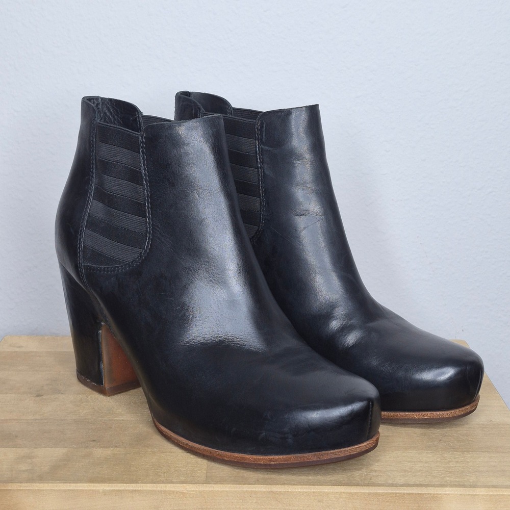 Kork-Ease Shirome Ankle Bootie Black Leather Chelsea Boots Block Heel 10M Retro